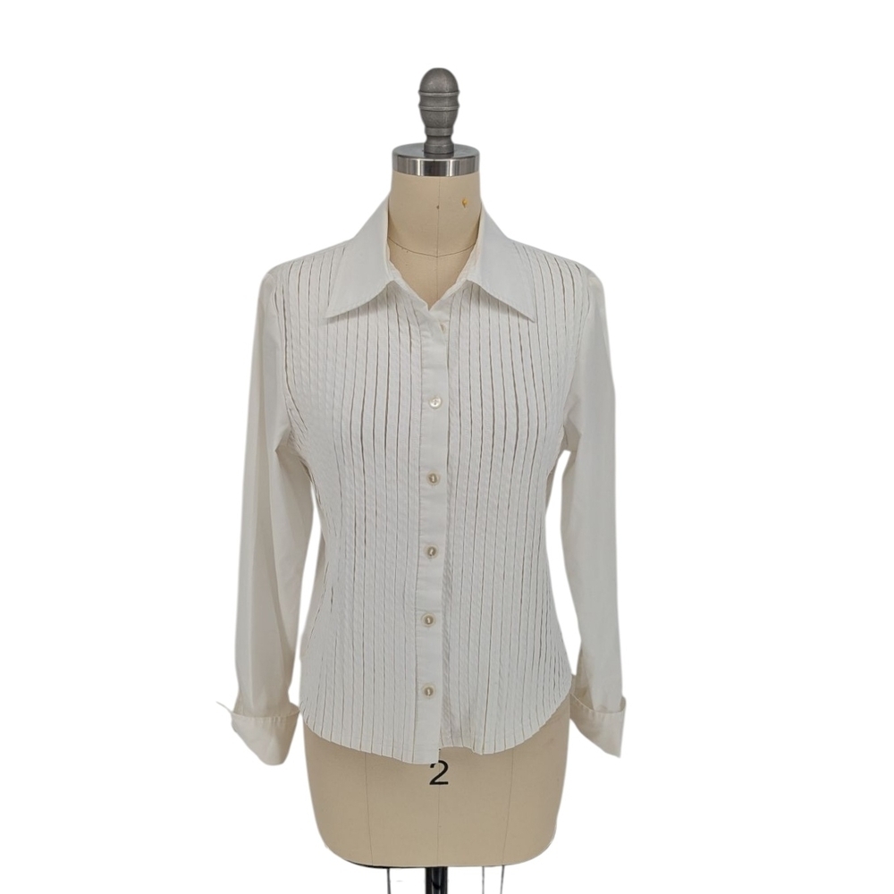 Conrad C Striped Pleats Button Down Top White Size 6P preppy Business casual